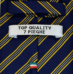 MIDNIGHT EXPRESS BLUE, GALLIANO YELLOW, BLACK AND WHITE STRIPES SEVEN FOLDS SILK LIMITED EDITION NECKTIE, REGIMENTAL, BASKET FABRIC WEAVE DETAILS