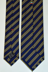 MIDNIGHT EXPRESS BLUE, GALLIANO YELLOW, BLACK AND WHITE STRIPES SEVEN FOLDS SILK LIMITED EDITION NECKTIE, REGIMENTAL, BASKET FABRIC WEAVE FULL