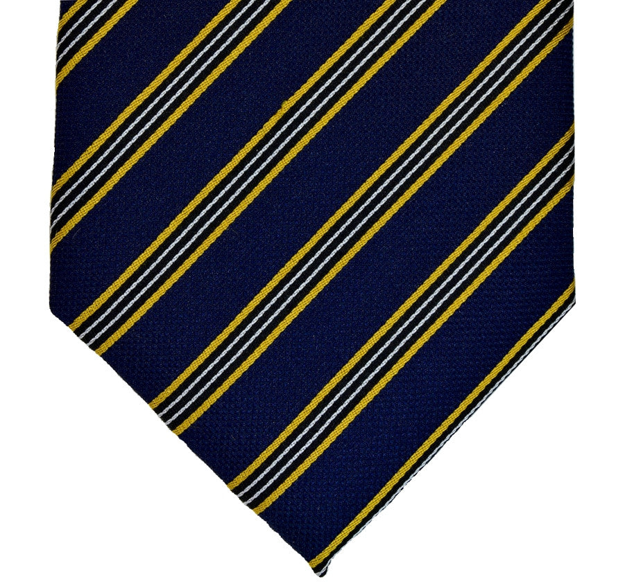 MIDNIGHT EXPRESS BLUE, GALLIANO YELLOW, BLACK AND WHITE STRIPES SEVEN FOLDS SILK LIMITED EDITION NECKTIE, REGIMENTAL, BASKET FABRIC WEAVE THUMB