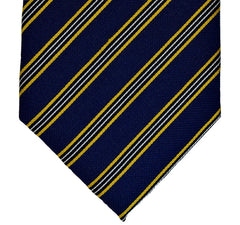 MIDNIGHT EXPRESS BLUE, GALLIANO YELLOW, BLACK AND WHITE STRIPES SEVEN FOLDS SILK LIMITED EDITION NECKTIE, REGIMENTAL, BASKET FABRIC WEAVE THUMB