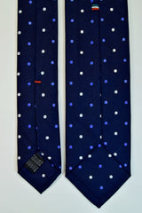  MIDNIGHT EXPRESS BLUE, LIGHT SLATE BLUE, AND WHITE DOTS SEVEN FOLDS SILK LIMITED EDITION NECKTIE, POLKA DOTS, BASKET FABRIC WEAVE-TIE SHOP ROME FULL