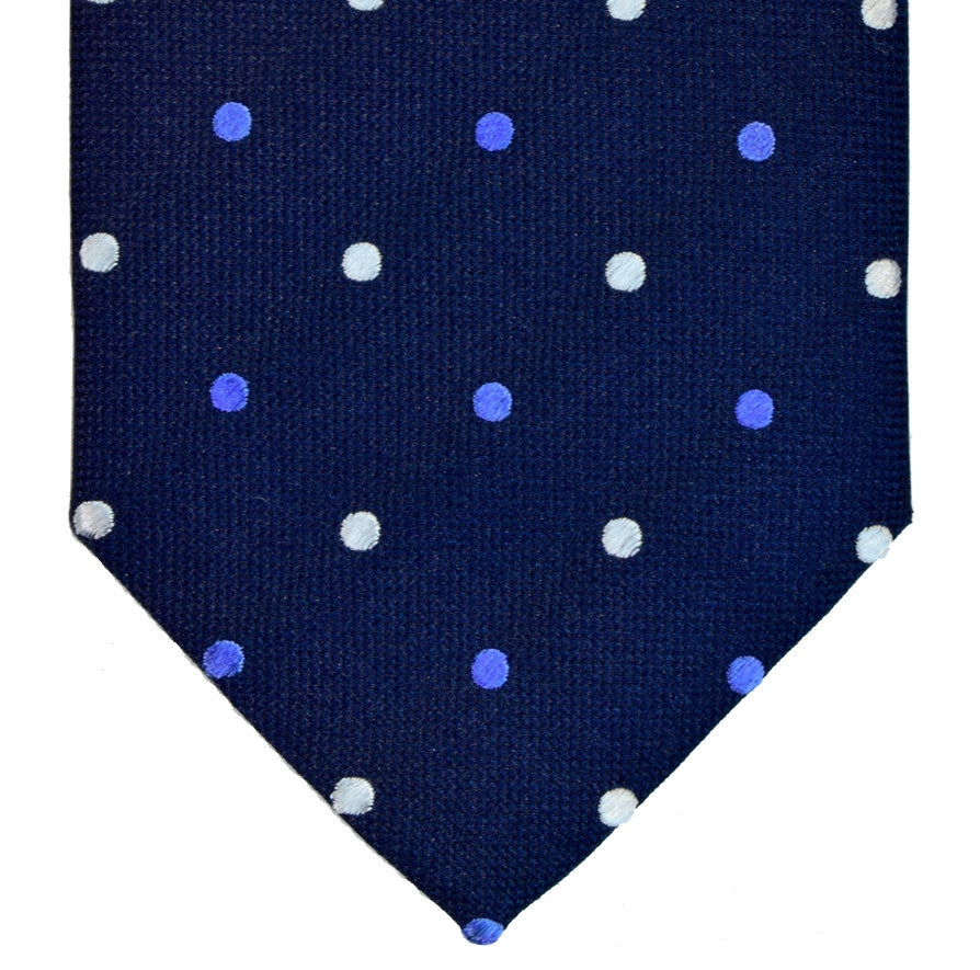  MIDNIGHT EXPRESS BLUE, LIGHT SLATE BLUE, AND WHITE DOTS SEVEN FOLDS SILK LIMITED EDITION NECKTIE, POLKA DOTS, BASKET FABRIC WEAVE-TIE SHOP ROME