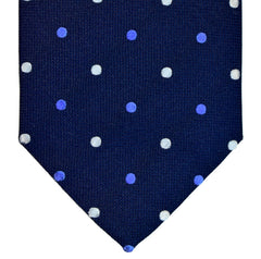  MIDNIGHT EXPRESS BLUE, LIGHT SLATE BLUE, AND WHITE DOTS SEVEN FOLDS SILK LIMITED EDITION NECKTIE, POLKA DOTS, BASKET FABRIC WEAVE-TIE SHOP ROME