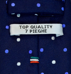  MIDNIGHT EXPRESS BLUE, LIGHT SLATE BLUE, AND WHITE DOTS SEVEN FOLDS SILK LIMITED EDITION NECKTIE, POLKA DOTS, BASKET FABRIC WEAVE-TIE SHOP ROME DETAILS