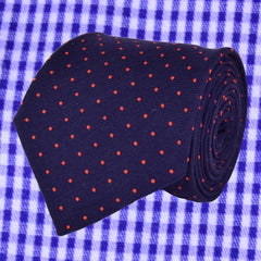 PAUA DARKBLUE, OUTRAGEOUS ORANGE, PIN DOTS, WOOL NECKTIE, HANDMADE IN ITALY, LIMITED EDITION, BASKETWEAVE TEXTURE  THUMB ABSOLUTE WHITE - CRAVATTA IN LANA A POIS, PAUA BLU ARANCIO, FABBRICATA A MANO IN ITALIA EDIZIONE LIMITATA- TIESHOPROME