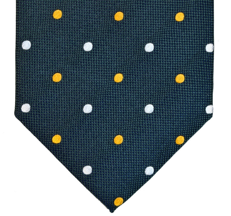 RACING GREEN, SAFFRON YELLOW, AND WHITE DOTS SEVEN FOLDS SILK LIMITED EDITION NECKTIE, POLKA DOTS, BASKET FABRIC WEAVE -TIE SHOP ROME
