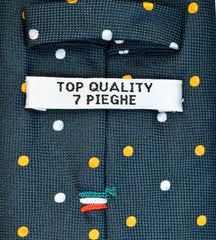RACING GREEN, SAFFRON YELLOW, AND WHITE DOTS SEVEN FOLDS SILK LIMITED EDITION NECKTIE, POLKA DOTS, BASKET FABRIC WEAVE -TIE SHOP ROME