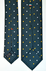RACING GREEN, SAFFRON YELLOW, AND WHITE DOTS SEVEN FOLDS SILK LIMITED EDITION NECKTIE, POLKA DOTS, BASKET FABRIC WEAVE -TIE SHOP ROME