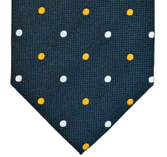 RACING GREEN, SAFFRON YELLOW, AND WHITE DOTS SEVEN FOLDS SILK LIMITED EDITION NECKTIE, POLKA DOTS, BASKET FABRIC WEAVE -TIE SHOP ROME