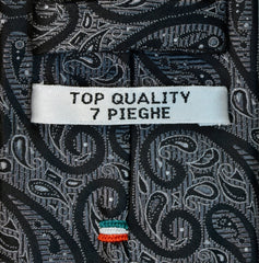 RAVEN GRAY, LIGHT GRAY AND LIQUORICE SEVEN FOLDS SILK LIMITED EDITION NECKTIE, PAISLEY MOTIFS, JACQUARD FABRIC WEAVE -TIE SHOP ROME