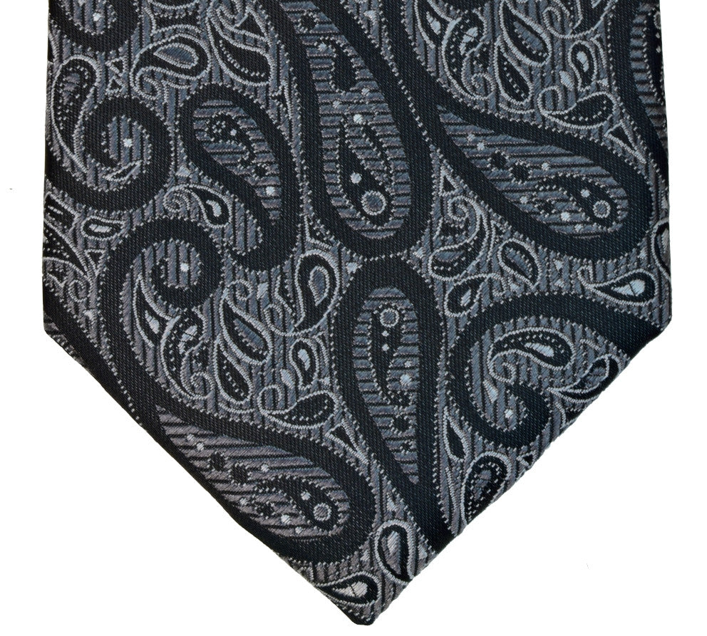 RAVEN GRAY, LIGHT GRAY AND LIQUORICE SEVEN FOLDS SILK LIMITED EDITION NECKTIE, PAISLEY MOTIFS, JACQUARD FABRIC WEAVE -TIE SHOP ROME