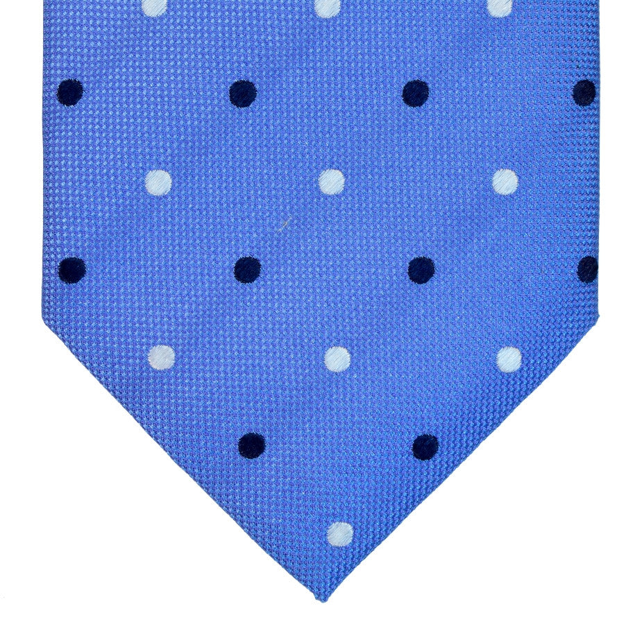ROYAL BLUE, BLACK RUSSIAN AND WHITE DOTS SEVEN FOLDS SILK LIMITED EDITION NECKTIE, POLKA DOTS, BASKET FABRIC WEAVE