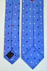 ROYAL BLUE, BLACK RUSSIAN AND WHITE DOTS SEVEN FOLDS SILK LIMITED EDITION NECKTIE, POLKA DOTS, BASKET FABRIC WEAVE
