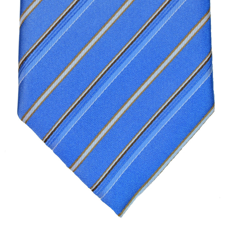 ROYAL BLUE, MUESLI, DEEP BRONZE AND WHITE STRIPES SEVEN FOLDS SILK LIMITED EDITION NECKTIE, BAR CODE, BASKET FABRIC WEAVE THUMB -TIE SHOP ROME THUMB