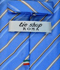 ROYAL BLUE, MUESLI, DEEP BRONZE AND WHITE STRIPES SEVEN FOLDS SILK LIMITED EDITION NECKTIE, BAR CODE, BASKET FABRIC WEAVE THUMB -TIE SHOP ROME DETAILS
