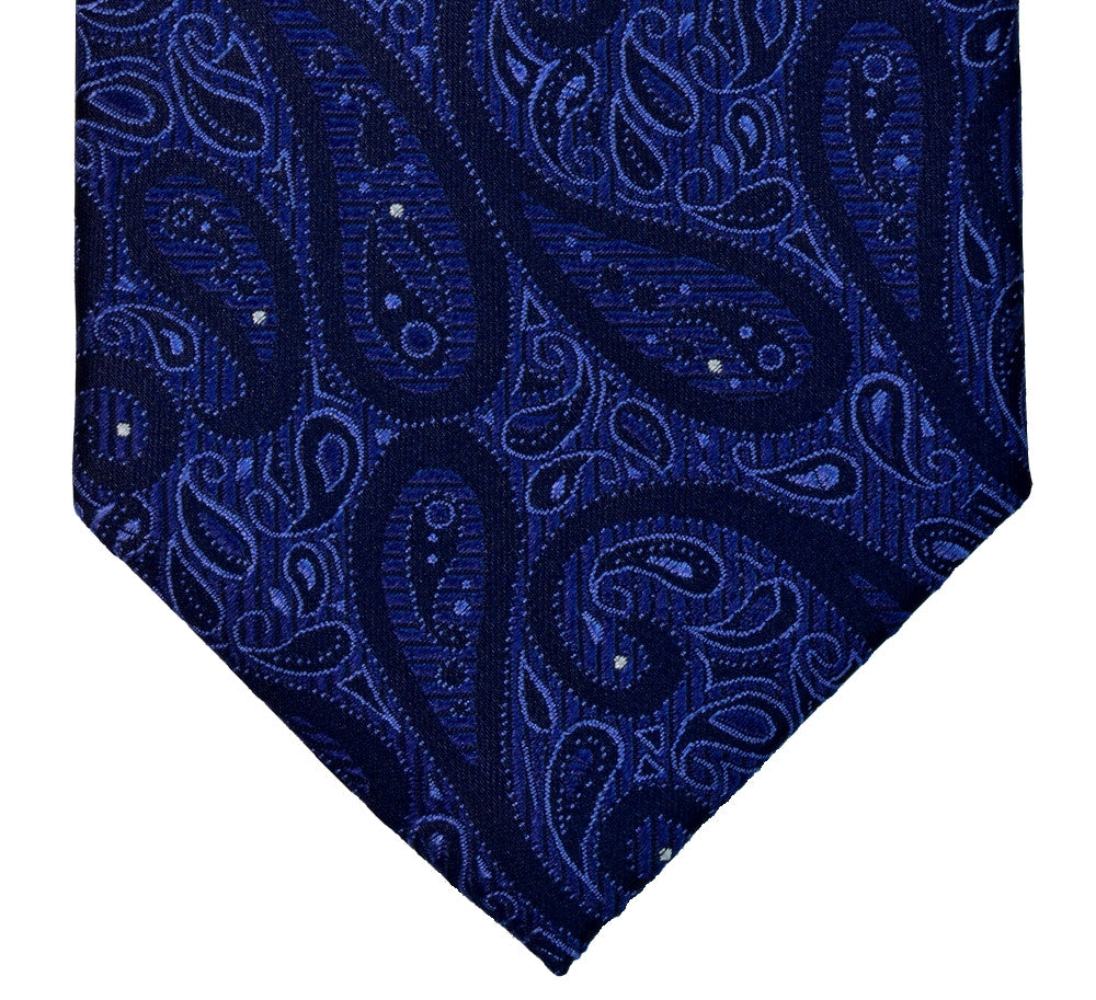 SAPPHIRE BLUE, NAVY BLUE AND STEEL BLUE, SEVEN FOLDS SILK LIMITED EDITION NECKTIE, PAISLEY MOTIFS, JACQUARD FABRIC WEAVE  -TIE SHOP ROME