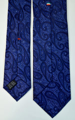 SAPPHIRE BLUE, NAVY BLUE AND STEEL BLUE, SEVEN FOLDS SILK LIMITED EDITION NECKTIE, PAISLEY MOTIFS, JACQUARD FABRIC WEAVE  -TIE SHOP ROME