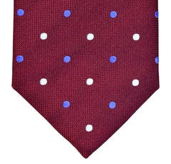SCARLET, LIGHT SLATE BLUE, AND WHITE DOTS SEVEN FOLDS SILK LIMITED EDITION NECKTIE, POLKA DOTS, BASKET FABRIC WEAVE -TIE SHOP ROME