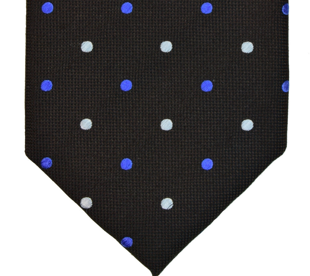 WOOD BARK BROWN, FREE SPEECH BLUE, AND WHITE DOTS SEVEN FOLDS SILK LIMITED EDITION NECKTIE, POLKA DOTS, BASKET FABRIC WEAVE -TIE SHOP ROME