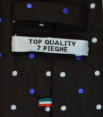 WOOD BARK BROWN, FREE SPEECH BLUE, AND WHITE DOTS SEVEN FOLDS SILK LIMITED EDITION NECKTIE, POLKA DOTS, BASKET FABRIC WEAVE -TIE SHOP ROME DETAILS