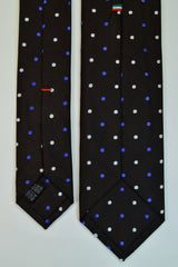 WOOD BARK BROWN, FREE SPEECH BLUE, AND WHITE DOTS SEVEN FOLDS SILK LIMITED EDITION NECKTIE, POLKA DOTS, BASKET FABRIC WEAVE -TIE SHOP ROME FULL