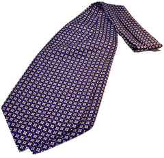 RUM-GREY, BLACURRANT-BLUE, WHITE MICROPATTERNS SILK ASCOT TIE - CRAVATTA ASCOT IN SETA, GRIGIO RUM, BLU RIBES, FANTASIE BIANCHE - TIE SHOP ROME