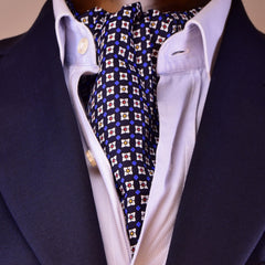 RUM-GREY, BLACURRANT-BLUE, WHITE MICROPATTERNS SILK ASCOT TIE - CRAVATTA ASCOT IN SETA, GRIGIO RUM, BLU RIBES, FANTASIE BIANCHE - TIE SHOP ROME