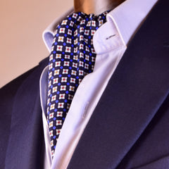 RUM-GREY, BLACURRANT-BLUE, WHITE MICROPATTERNS SILK ASCOT TIE - CRAVATTA ASCOT IN SETA, GRIGIO RUM, BLU RIBES, FANTASIE BIANCHE - TIE SHOP ROME