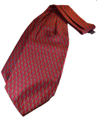 BURGUNDY-RED SILK ASCOT TIE, BLUE AND GOLD PRINTED CHAIN PATTERNS - CRAVATTA ASCOT ROSSO BORDEAUX IN SETA, MOTIVI A CATENA AZZURRO E ORO, STAMPATI - TIE SHOP ROME