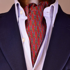 BURGUNDY-RED SILK ASCOT TIE, BLUE AND GOLD PRINTED CHAIN PATTERNS - CRAVATTA ASCOT ROSSO BORDEAUX IN SETA, MOTIVI A CATENA AZZURRO E ORO, STAMPATI - TIE SHOP ROME