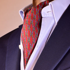 BURGUNDY-RED SILK ASCOT TIE, BLUE AND GOLD PRINTED CHAIN PATTERNS - CRAVATTA ASCOT ROSSO BORDEAUX IN SETA, MOTIVI A CATENA AZZURRO E ORO, STAMPATI - TIE SHOP ROME
