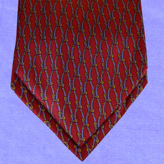 BURGUNDY-RED SILK ASCOT TIE, BLUE AND GOLD PRINTED CHAIN PATTERNS - CRAVATTA ASCOT ROSSO BORDEAUX IN SETA, MOTIVI A CATENA AZZURRO E ORO, STAMPATI - TIE SHOP ROME