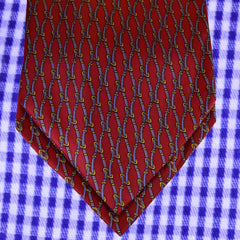 BURGUNDY-RED SILK ASCOT TIE, BLUE AND GOLD PRINTED CHAIN PATTERNS - CRAVATTA ASCOT ROSSO BORDEAUX IN SETA, MOTIVI A CATENA AZZURRO E ORO, STAMPATI - TIE SHOP ROME