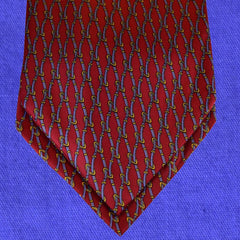 BURGUNDY-RED SILK ASCOT TIE, BLUE AND GOLD PRINTED CHAIN PATTERNS - CRAVATTA ASCOT ROSSO BORDEAUX IN SETA, MOTIVI A CATENA AZZURRO E ORO, STAMPATI - TIE SHOP ROME