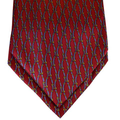 BURGUNDY-RED SILK ASCOT TIE, BLUE AND GOLD PRINTED CHAIN PATTERNS - CRAVATTA ASCOT ROSSO BORDEAUX IN SETA, MOTIVI A CATENA AZZURRO E ORO, STAMPATI - TIE SHOP ROME