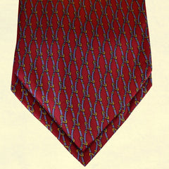 BURGUNDY-RED SILK ASCOT TIE, BLUE AND GOLD PRINTED CHAIN PATTERNS - CRAVATTA ASCOT ROSSO BORDEAUX IN SETA, MOTIVI A CATENA AZZURRO E ORO, STAMPATI - TIE SHOP ROME