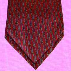 BURGUNDY-RED SILK ASCOT TIE, BLUE AND GOLD PRINTED CHAIN PATTERNS - CRAVATTA ASCOT ROSSO BORDEAUX IN SETA, MOTIVI A CATENA AZZURRO E ORO, STAMPATI - TIE SHOP ROME
