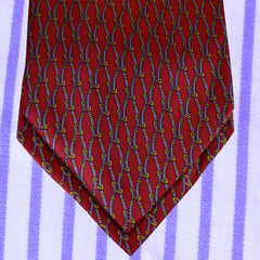 BURGUNDY-RED SILK ASCOT TIE, BLUE AND GOLD PRINTED CHAIN PATTERNS - CRAVATTA ASCOT ROSSO BORDEAUX IN SETA, MOTIVI A CATENA AZZURRO E ORO, STAMPATI - TIE SHOP ROME