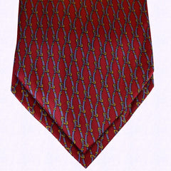 BURGUNDY-RED SILK ASCOT TIE, BLUE AND GOLD PRINTED CHAIN PATTERNS - CRAVATTA ASCOT ROSSO BORDEAUX IN SETA, MOTIVI A CATENA AZZURRO E ORO, STAMPATI - TIE SHOP ROME