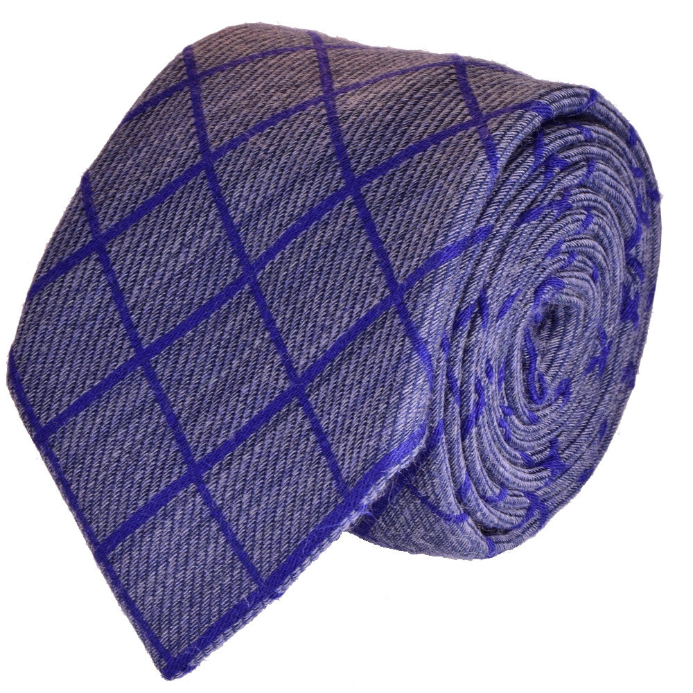 CORNFLOWER-BLUE, WINDOWPANE WOOL NECKTIE HANDMADE IN ITALY, RIBBED FABRIC - CRAVATTA IN LANA BLU FIORDALISO, FINESTRATA, FATTA A MANO IN ITALIA, TESSITURA A COSTE - TIE SHOP ROME