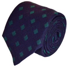 INDIGO-BLUE WOOL NECKTIE HANDMADE IN ITALY, DIAMOND PATTERNS IN PARADISO GREEN, BASKETWEAVE FABRIC - CRAVATTA IN LANA FATTA A MANO IN ITALIA, BLU INDIGO CON ROMBI VERDE PARADISO, FINITURA A CANESTRO - TIESHOPROMA