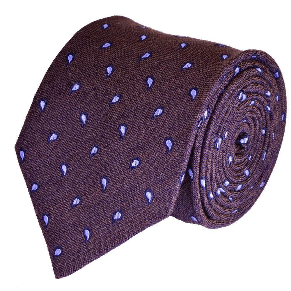 EGGPLANT-BROWN, SINGLE PAISLEYS, WOOL NECKTIE HANDMADE IN ITALY BASKET WEAVE FABRIC - CRAVATTA IN LANA MARRONE MELANZANA, FATTA A MANO IN ITALIA, FANTASIE PAISLEY,  FINITURA A CANESTRO - TIESHOPROME