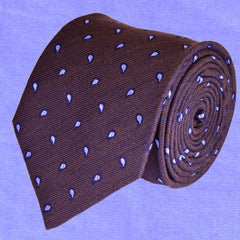 EGGPLANT-BROWN, SINGLE PAISLEYS, WOOL NECKTIE HANDMADE IN ITALY BASKET WEAVE FABRIC - CRAVATTA IN LANA MARRONE MELANZANA, FATTA A MANO IN ITALIA, FANTASIE PAISLEY,  FINITURA A CANESTRO - TIESHOPROME