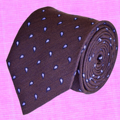 EGGPLANT-BROWN, SINGLE PAISLEYS, WOOL NECKTIE HANDMADE IN ITALY BASKET WEAVE FABRIC - CRAVATTA IN LANA MARRONE MELANZANA, FATTA A MANO IN ITALIA, FANTASIE PAISLEY,  FINITURA A CANESTRO - TIESHOPROME