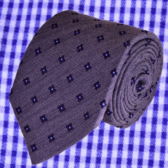 KYMBERLY-GREY, WOOL NECKTIE HANDMADE IN ITALY, BLACK-CURRANT AND MEDIUM PURPLE FLOWER MOTIFS - BASKETWEAVE FABRIC - CRAVATTA IN LANA FATTA A MANO IN ITALIA, GRIGIO KIMBERLY, MOTIVI FLOREALI RIBES E AZZURRO/VIOLA, FINITURA A CANESTRO - TIESHOPROME 