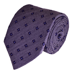 KYMBERLY-GREY, WOOL NECKTIE HANDMADE IN ITALY, BLACK-CURRANT AND MEDIUM PURPLE FLOWER MOTIFS - BASKETWEAVE FABRIC - CRAVATTA IN LANA FATTA A MANO IN ITALIA, GRIGIO KIMBERLY, MOTIVI FLOREALI RIBES E AZZURRO/VIOLA, FINITURA A CANESTRO - TIESHOPROME 