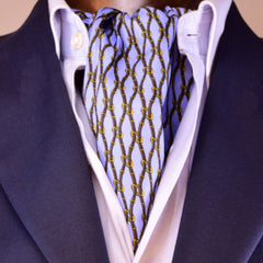 PERANO BLUE SILK ASCOT TIE, DARK-BLUE AND GOLD CHAIN PATTERNS - CRAVATTA ASCOT IN SETA BLU PERANO, RICAMI A CATENA BLU SCURO E ORO TIE SHOP ROME 