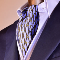 PERANO BLUE SILK ASCOT TIE, DARK-BLUE AND GOLD CHAIN PATTERNS - CRAVATTA ASCOT IN SETA BLU PERANO, RICAMI A CATENA BLU SCURO E ORO TIE SHOP ROME 