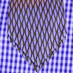 PERANO BLUE SILK ASCOT TIE, DARK-BLUE AND GOLD CHAIN PATTERNS - CRAVATTA ASCOT IN SETA BLU PERANO, RICAMI A CATENA BLU SCURO E ORO TIE SHOP ROME 