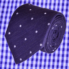 TOLOPE-BLUE, POLKA-DOTS, WOOL NECKTIE HANDMADE IN ITALY BASKETWEAVE FABRIC- CRAVATTA IN LANA BLU TOLOPEA E POIS GRANDI, FINITURA A CANESTRO - TIESHOPROME